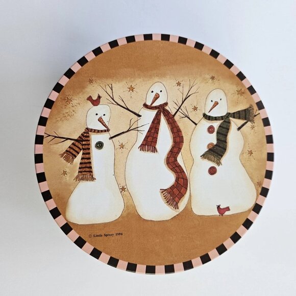 Vintage 1996 Linda Spivey Snowman Tin – 7" Round Storage Box – Country Primitive - Picture 1 of 8